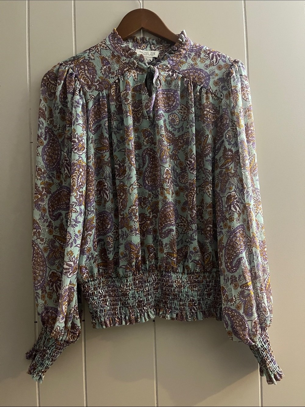 Madewell Paisley Tie-Neck Smocked Hem Blouse - Light Blue & Purple & Brown